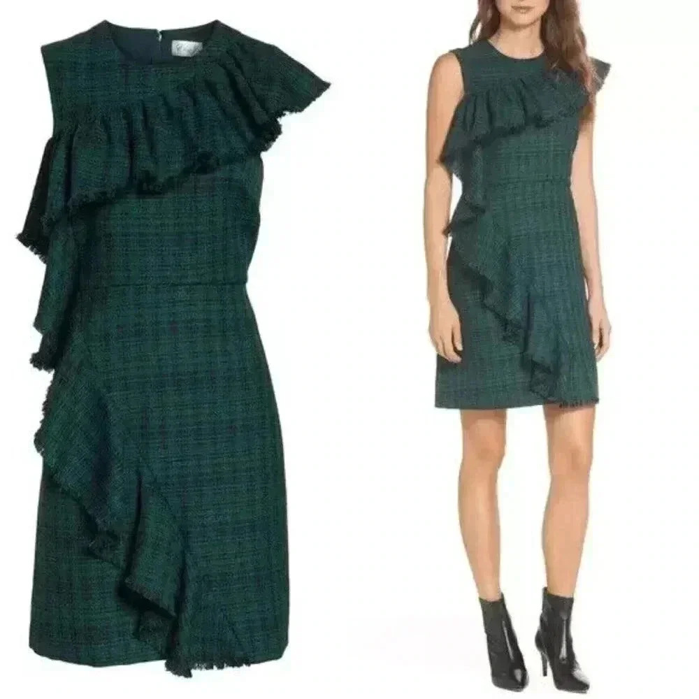Chelsea28 green black plaid ruffled sheath dress size 4P
